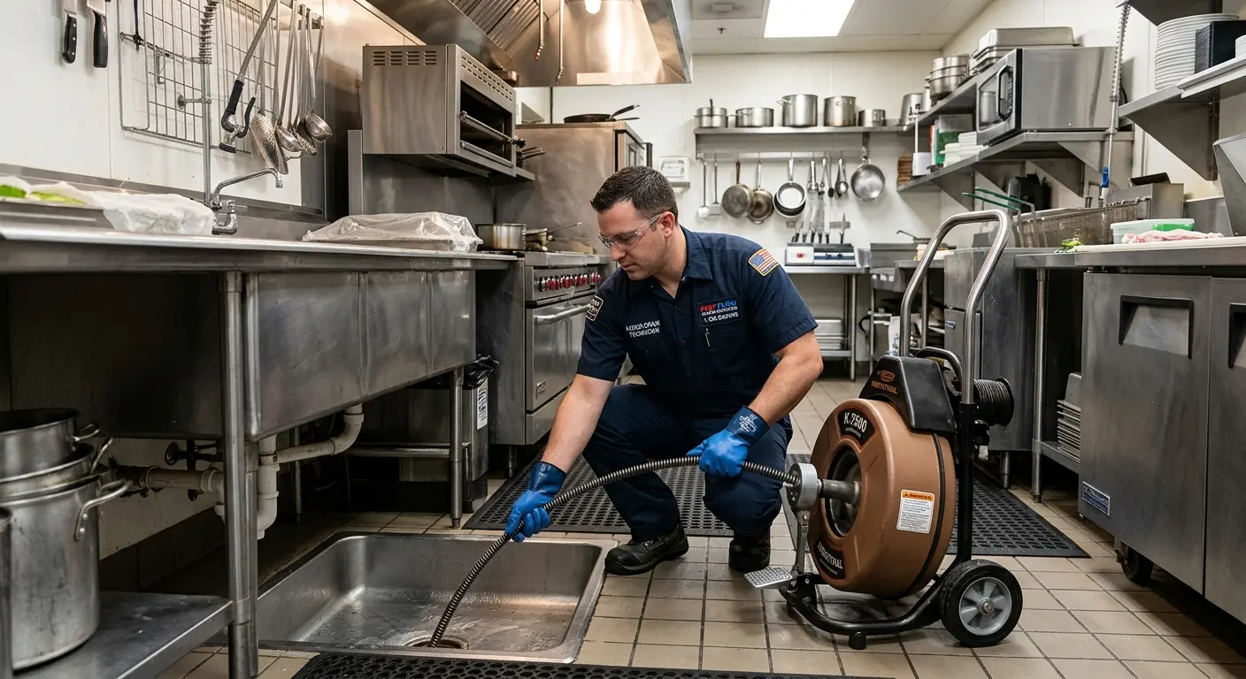 Commercial drain cleaning service in a restaurant kitchen in Belmont