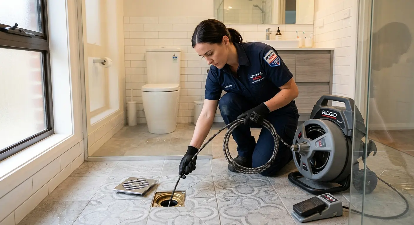 Technician clearing a bathroom floor drain for Drain Cleaning in Belmont